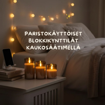 Flamerick-blokkikynttilät – Kaukosäätimellä ja ajastimella. 2 VUODEN TAKUU